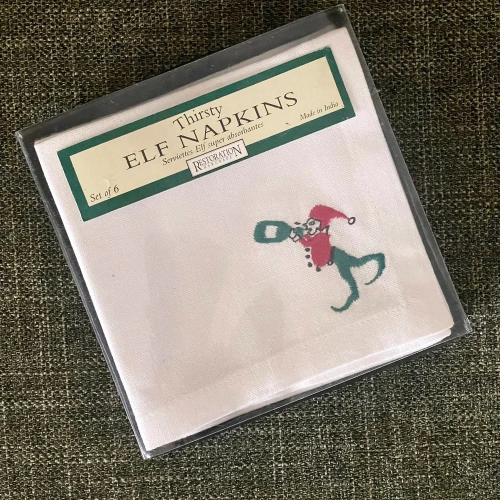 Linen Napkins from RH featuring an embroidered elf